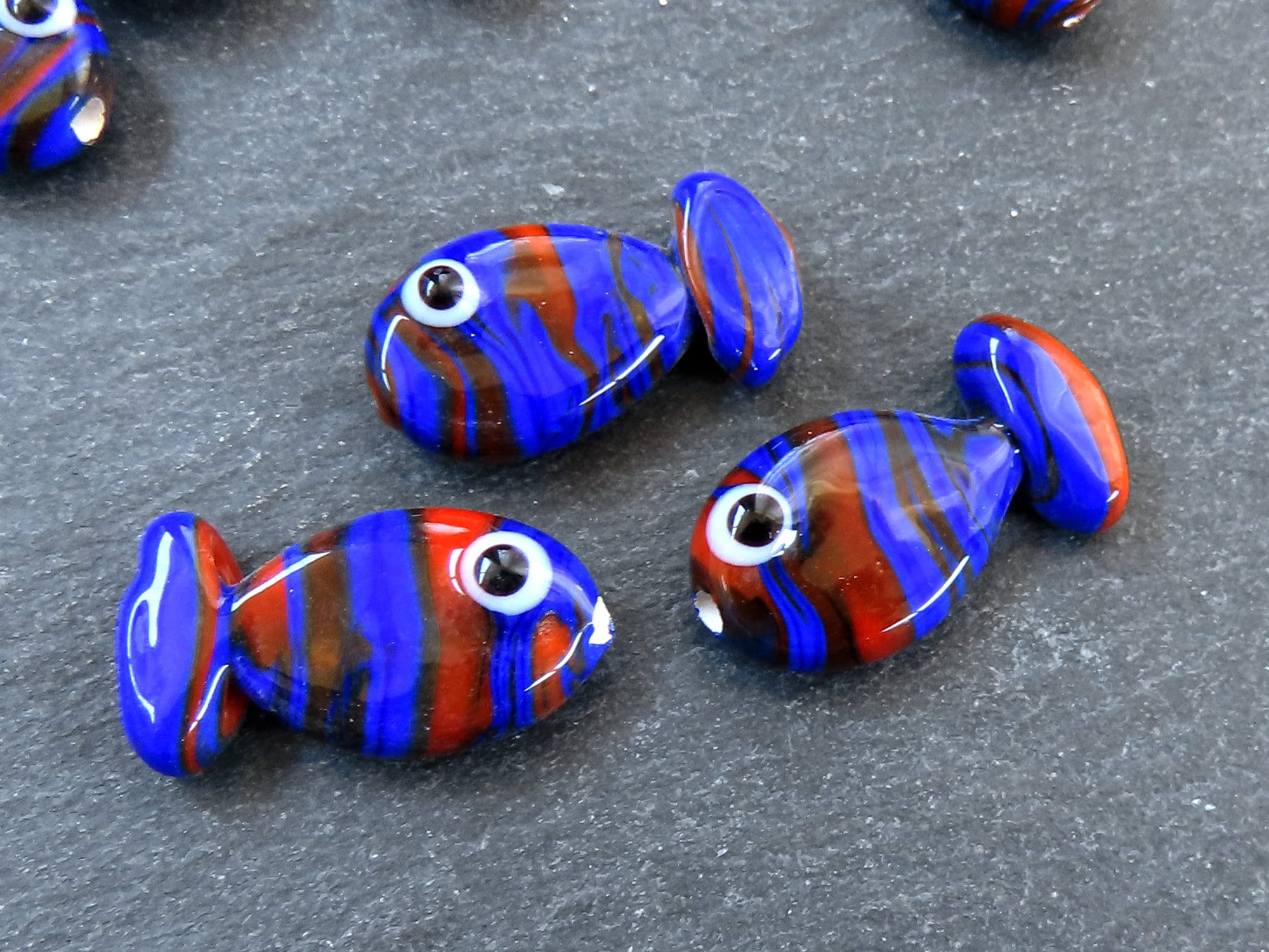3 Glass Fish Beads, Good Luck Bead, Evil Eye Amulet, Murano, Kismet Beads,  Lucky, Handmade Lampwork, Navy Blue Red