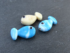 3 Glass Fish Beads, Good Luck Bead, Evil Eye Amulet, Murano, Kismet Beads, Lucky, Handmade Lampwork, Blue Cream