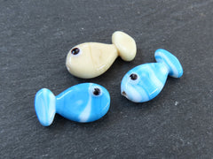 3 Glass Fish Beads, Good Luck Bead, Evil Eye Amulet, Murano, Kismet Beads, Lucky, Handmade Lampwork, Blue Cream