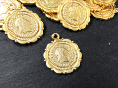 Gold Coin Pendant Charm, Repvbblica Italiana 1988 Replica Coin Medallion, Ancient Greek Coin, 22k Matte Gold Plated, 2pc