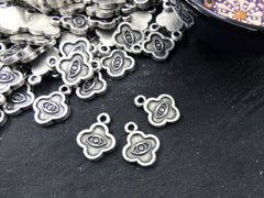 Quatrefoil Evil Eye Pendant Charms, Good Luck Protective Amulet Talisman, Eye Of The Beholder, Matte Antique Silver Plated, 4pcs