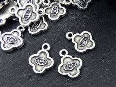 Quatrefoil Evil Eye Pendant Charms, Good Luck Protective Amulet Talisman, Eye Of The Beholder, Matte Antique Silver Plated, 4pcs