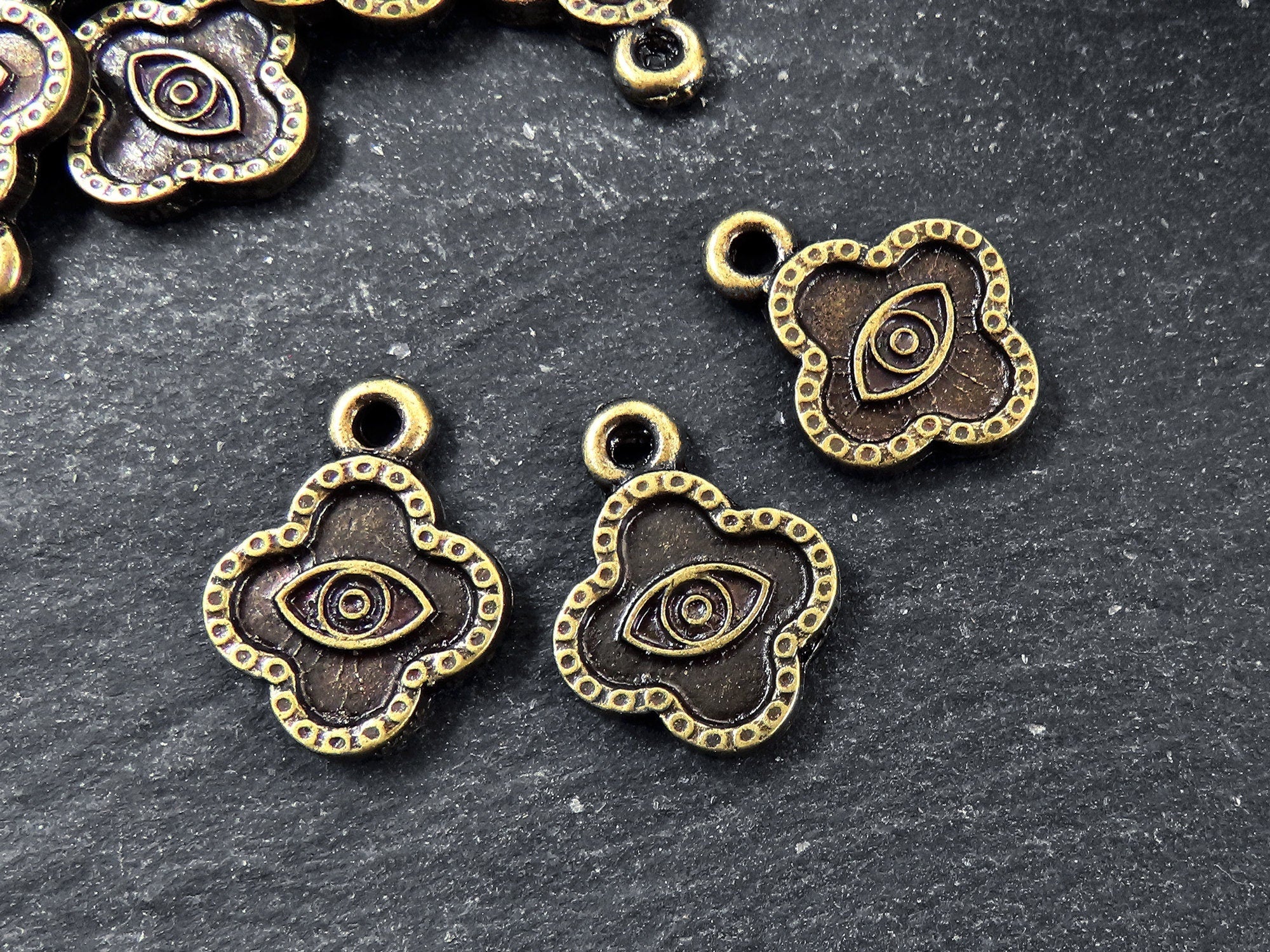 Quatrefoil Evil Eye Pendant Charms, Good Luck Protective Amulet Talisman, Eye Of The Beholder, Antique Bronze Plated, 3pcs