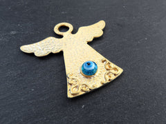 Blue Evil Eye Angel Pendant, Folk Guardian Charm, Angel Ornament, Good Luck Charm, Protective Talisman Amulet 22k Matte Gold Plated 1pc