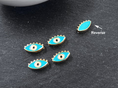 Evil Eye Beads, Aqua Turquoise Blue Evil Eye, Enamel Evil Eye Bead, Bead Spacer, Evil Eye Charm, Eye Charms, Shiny Gold Plated, 7x13mm, 4pc,