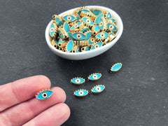 Evil Eye Beads, Aqua Turquoise Blue Evil Eye, Enamel Evil Eye Bead, Bead Spacer, Evil Eye Charm, Eye Charms, Shiny Gold Plated, 7x13mm, 4pc,