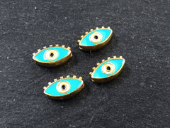 Evil Eye Beads, Aqua Turquoise Blue Evil Eye, Enamel Evil Eye Bead, Bead Spacer, Evil Eye Charm, Eye Charms, Shiny Gold Plated, 7x13mm, 4pc,