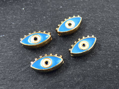 Evil Eye Beads, Cornflower Blue Evil Eye, Enamel Evil Eye Bead, Bead Spacer, Evil Eye Charm, Eye Charms, Shiny Gold Plated, 7x13mm, 4pc,