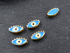 Evil Eye Beads, Cornflower Blue Evil Eye, Enamel Evil Eye Bead, Bead Spacer, Evil Eye Charm, Eye Charms, Shiny Gold Plated, 7x13mm, 4pc,