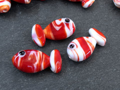 3 Glass Fish Beads, Good Luck Bead, Evil Eye Amulet, Murano, Kismet Beads, Lucky, Handmade Lampwork, Red White