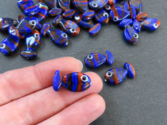 3 Glass Fish Beads, Good Luck Bead, Evil Eye Amulet, Murano, Kismet Beads, Lucky, Handmade Lampwork, Navy Blue Red