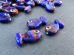 3 Glass Fish Beads, Good Luck Bead, Evil Eye Amulet, Murano, Kismet Beads, Lucky, Handmade Lampwork, Navy Blue Red