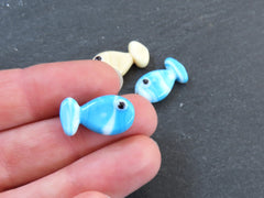 3 Glass Fish Beads, Good Luck Bead, Evil Eye Amulet, Murano, Kismet Beads, Lucky, Handmade Lampwork, Blue Cream