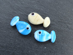 3 Glass Fish Beads, Good Luck Bead, Evil Eye Amulet, Murano, Kismet Beads, Lucky, Handmade Lampwork, Blue Cream