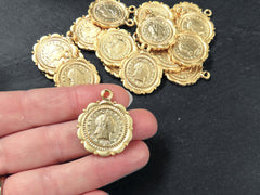 Gold Coin Pendant Charm, Repvbblica Italiana 1988 Replica Coin Medallion, Ancient Greek Coin, 22k Matte Gold Plated, 2pc