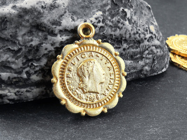 Gold Coin Pendant Charm, Repvbblica Italiana 1988 Replica Coin Medallion, Ancient Greek Coin, 22k Matte Gold Plated, 2pc