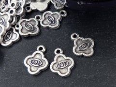 Quatrefoil Evil Eye Pendant Charms, Good Luck Protective Amulet Talisman, Eye Of The Beholder, Matte Antique Silver Plated, 4pcs