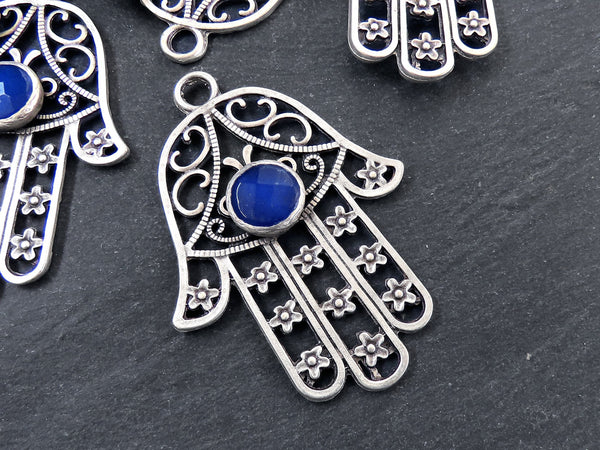 Hand Of Fatima Hamsa Hand Pendant with Round Blue Jade Stone, Large Hamsa Pendant, Hamsa Wall Hanging, Matte Antique Silver Plated, 1PC