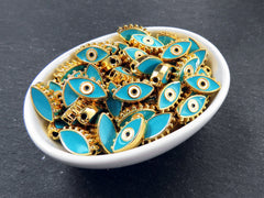 Evil Eye Beads, Aqua Turquoise Blue Evil Eye, Enamel Evil Eye Bead, Bead Spacer, Evil Eye Charm, Eye Charms, Shiny Gold Plated, 7x13mm, 4pc,