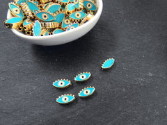 Evil Eye Beads, Aqua Turquoise Blue Evil Eye, Enamel Evil Eye Bead, Bead Spacer, Evil Eye Charm, Eye Charms, Shiny Gold Plated, 7x13mm, 4pc,