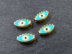 Evil Eye Beads, Aqua Turquoise Blue Evil Eye, Enamel Evil Eye Bead, Bead Spacer, Evil Eye Charm, Eye Charms, Shiny Gold Plated, 7x13mm, 4pc,