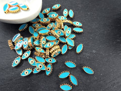 Evil Eye Beads, Aqua Turquoise Blue Evil Eye, Enamel Evil Eye Bead, Bead Spacer, Evil Eye Charm, Eye Charms, Shiny Gold Plated, 7x13mm, 4pc,