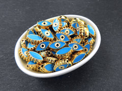 Evil Eye Beads, Cornflower Blue Evil Eye, Enamel Evil Eye Bead, Bead Spacer, Evil Eye Charm, Eye Charms, Shiny Gold Plated, 7x13mm, 4pc,