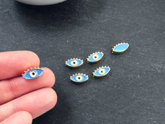 Evil Eye Beads, Cornflower Blue Evil Eye, Enamel Evil Eye Bead, Bead Spacer, Evil Eye Charm, Eye Charms, Shiny Gold Plated, 7x13mm, 4pc,