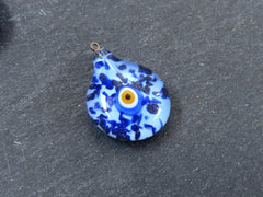 Glass Evil Eye Charm Pendant, Cornflower Blue Navy Spotted Evil Eye Teardrop, Lampwork, Amulet, Protective, Lucky, Handmade, 1pc