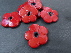 2 Large Red Glass Flower Beads, Large Chunky Flower Artisan Handmade Opaque Red, Size Between 40 - 48mm