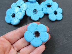 2 Large Sky Blue Glass Flower Beads, Large Chunky Flower Artisan Handmade Opaque Red, Size Between 40 - 48mm