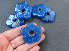 2 Large Aegean Blue Glass Flower Beads, Large Chunky Flower Artisan Handmade, Size Between 40 - 48mm