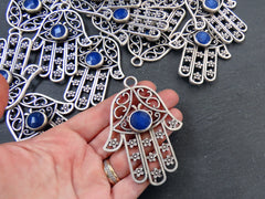 Hand Of Fatima Hamsa Hand Pendant with Round Blue Jade Stone, Large Hamsa Pendant, Hamsa Wall Hanging, Matte Antique Silver Plated, 1PC