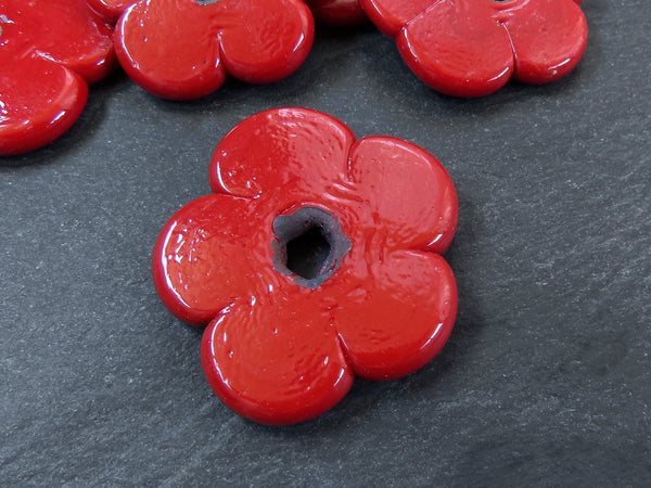 2 Large Red Glass Flower Beads, Large Chunky Flower Artisan Handmade Opaque Red, Size Between 40 - 48mm