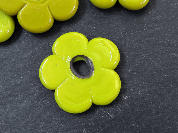 2 Large Citrus Yellow Glass Flower Beads, Large Chunky Flower Artisan Handmade Opaque Red, Size Between 40 - 48mm