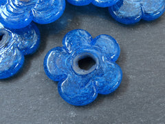 2 Large Aegean Blue Glass Flower Beads, Large Chunky Flower Artisan Handmade, Size Between 40 - 48mm