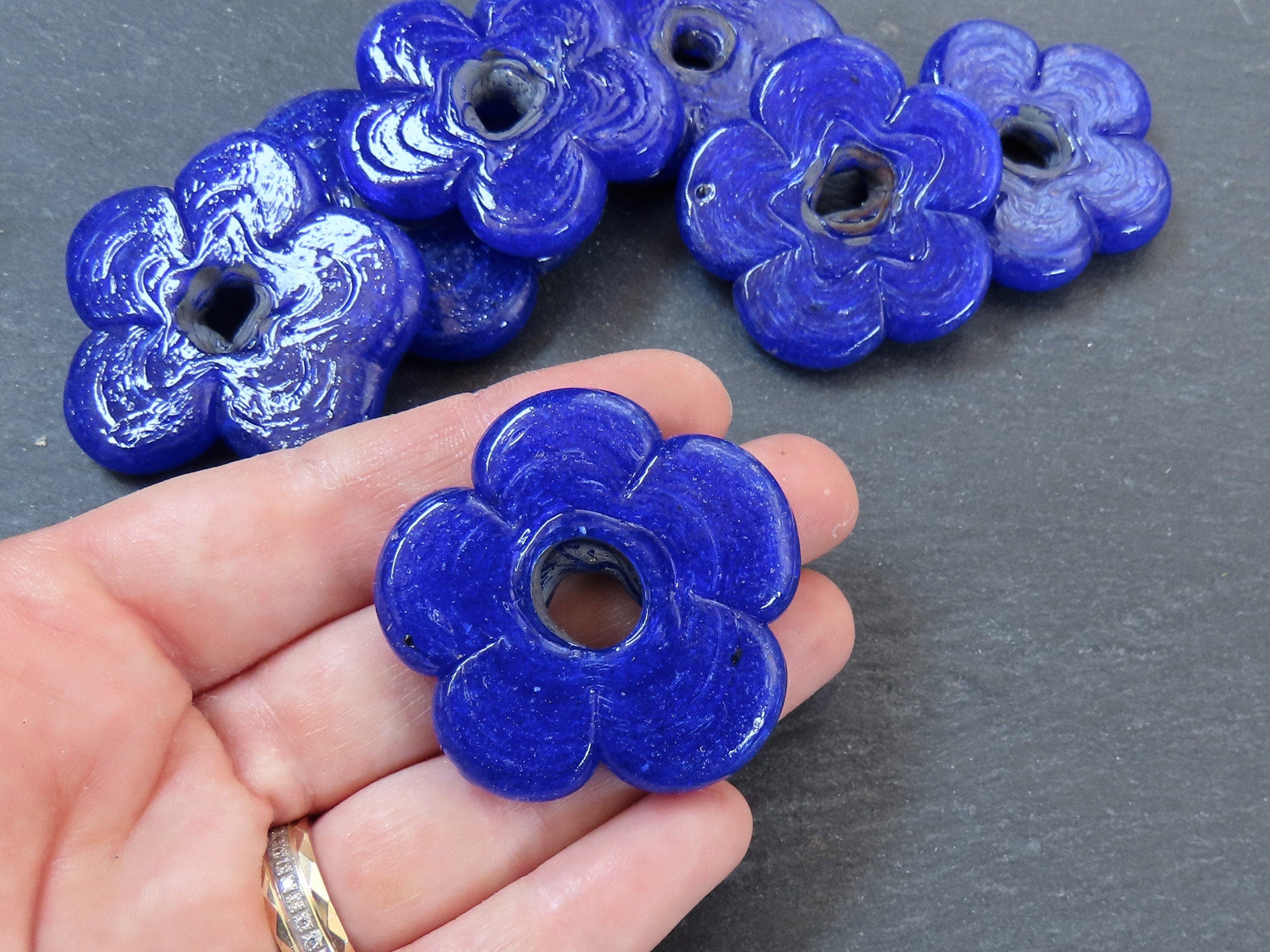 2 Large Transparent Blue Glass Flower Beads, Large Chunky Flower