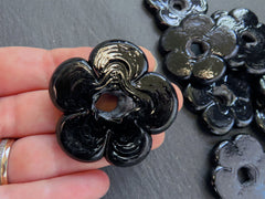 2 Large Black Glass Flower Beads, Large Chunky Flower Artisan Handmade, Size Between 40 - 48mm