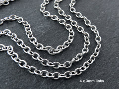 4x3mm Silver Cable Chain, Silver Chain, Oval Link Chain, Necklace Chain, Bracelet Chain, Matte Antique Silver Plated, 1 Meter = 3.3 Feet