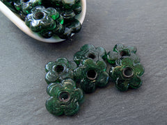 6 Deep Green Glass Flower Beads, Large Chunky Flower Artisan Handmade Bottle Green, 20mm