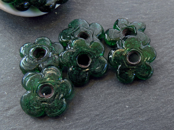 6 Deep Green Glass Flower Beads, Large Chunky Flower Artisan Handmade Bottle Green, 20mm