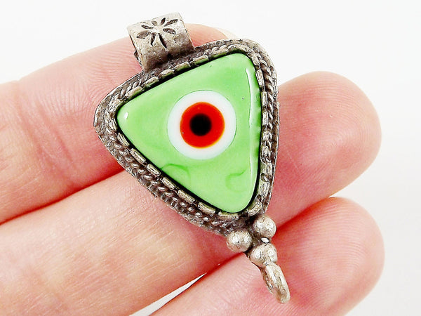 Pale Lime Green Evil Eye Triangular Glass Pendant - Silver Plated 1pc - SP115
