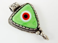 Pale Lime Green Evil Eye Triangular Glass Pendant - Silver Plated 1pc - SP115