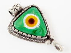 Irish Green Evil Eye Triangular Glass Pendant - Silver Plated 1pc - SP116