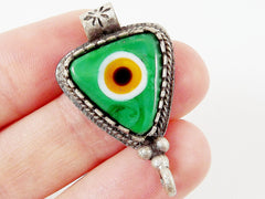 Irish Green Evil Eye Triangular Glass Pendant - Silver Plated 1pc - SP116