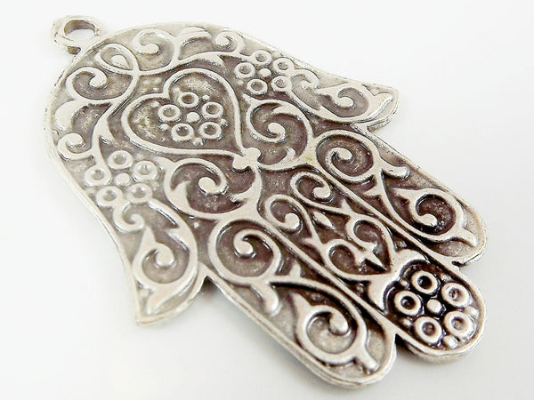 Ornate Hamsa Hand of Fatima Pendant Charm - Silver Plated - 1PC - SP118