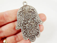 Ornate Hamsa Hand of Fatima Pendant Charm - Silver Plated - 1PC - SP118