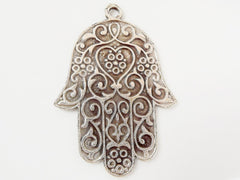 Ornate Hamsa Hand of Fatima Pendant Charm - Silver Plated - 1PC - SP118