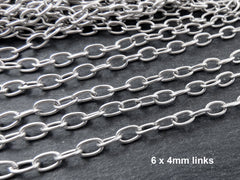 6x4mm Silver Cable Chain, Silver Chain, Oval Link Chain, Necklace Chain, Bracelet Chain, Matte Antique Silver Plated, 1 Meter = 3.3 Feet