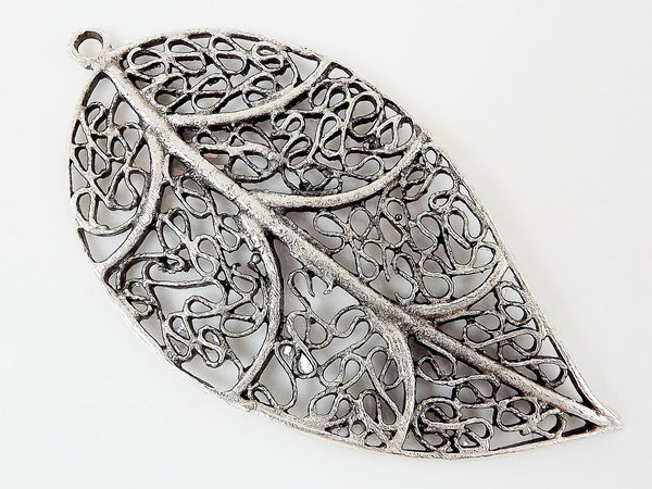 Silver Leaf Pendant, Filigree Leaf, Leaf Charm, Metal Leaf Pendant, Leaves, Boho Pendant, Jewelry Supplies, Matte Antique Silver Plated 1pc